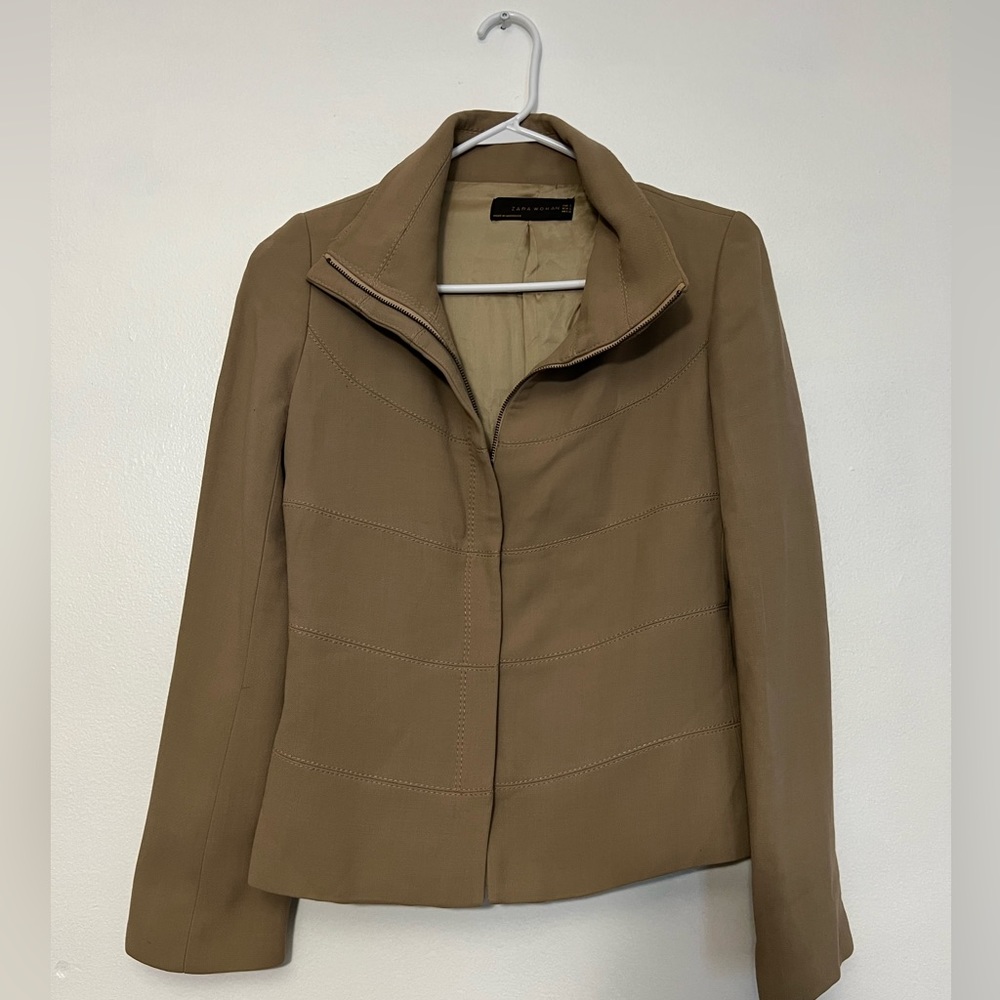 Zara Women’s Blazer Professional Small Khaki Tan Structured Preppy‎ Jacket Ziper